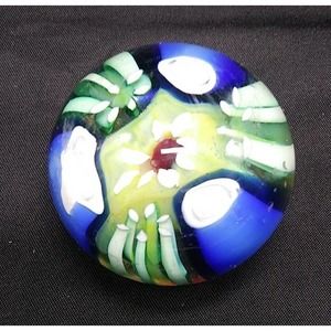 Small Murano Glass Millefiori Paper Weight 1 3/4" White, Blue, Green & Yellow